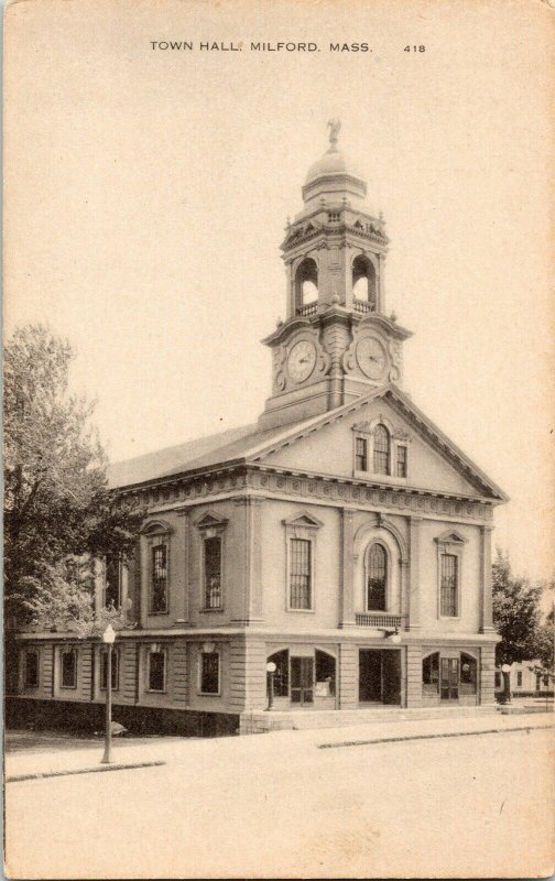 Milford Mass Town Hall Antique Postcard Vintage Divided Unposted BW  