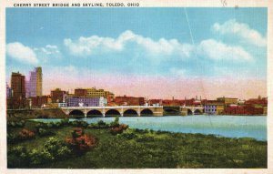 VINTAGE POSTCARD CHERRY STREET BRIDGE AND SKYLINE AT TOLEDO OHIO c. 1925