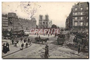 Old Postcard Paris Place Saint Michel and Notre Dame & # 39eglise Tramway