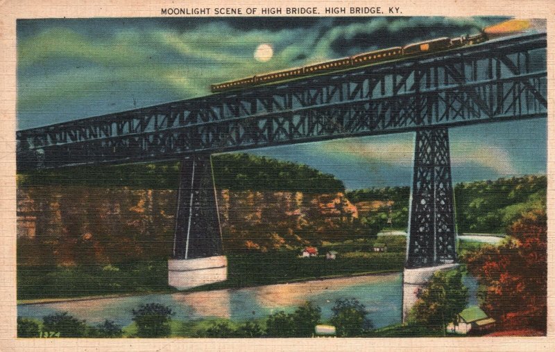 Vintage Postcard 1941 Moonlight Scene Of High Bridge Kentucky KY Kraemer Art Co.