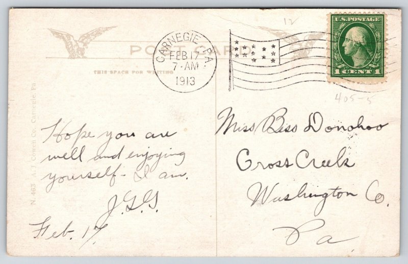 Carnegie Pennsylvania~Masonic Temple & Main Street~1913 Postcard