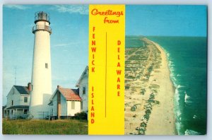 c1960 Delaware DE Postcard Greetings From Fenwick Island Lighthouse Dual View