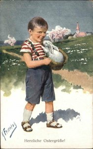 Easter Little Boy w/ Rabbit - FEIERTAG c1910 Postcard