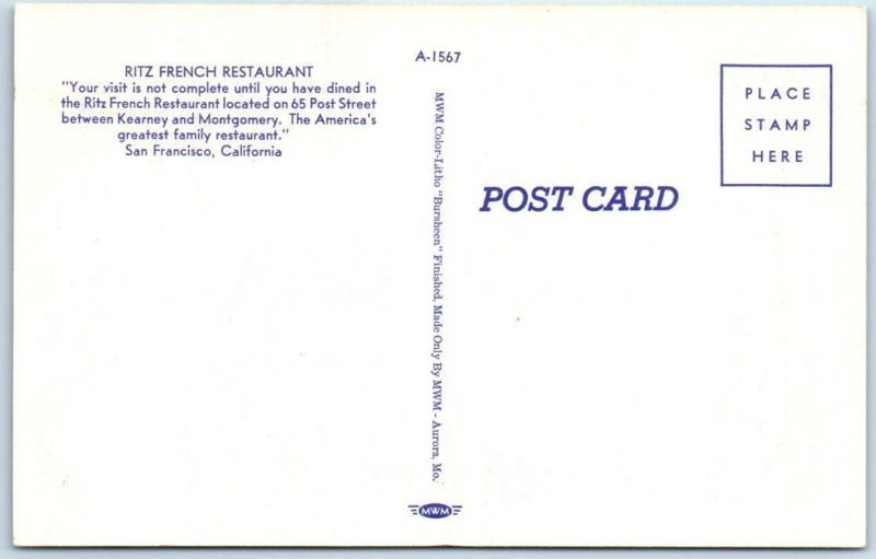 SAN FRANCISCO, California  CA   Interior  RITZ FRENCH RESTAURANT c1940s Postcard