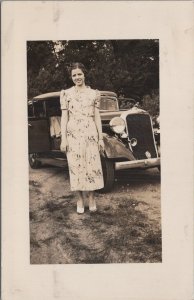 RPPC Postcard Woman Floral Dress Fancy Car