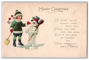 c1910's Merry Christmas Boy And Snowman Pipe Broom Posted Antique Postcard