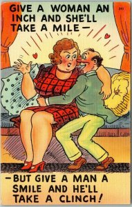 Vintage Linen Comic Handsy Man on the Couch with Woman Risqué UNUSED