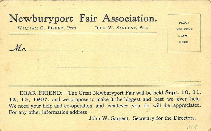 Newburyport MA Fair Association 1907 Advertising Postcard