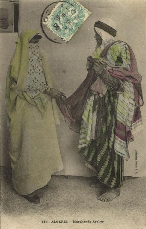 algeria, Native Arab Merchant with Veiled Woman, Niqab Islam (1906) Stamp