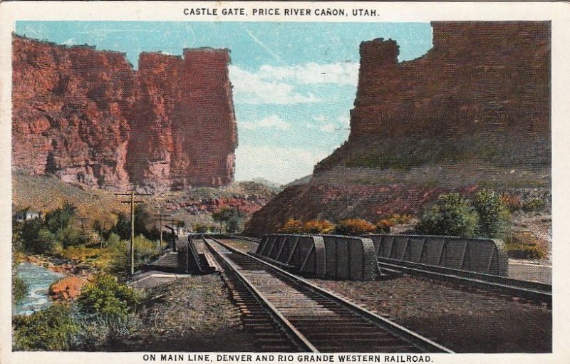 Postcard Castle Gate Price River Canon Utah Denver Rio Grande Western Railroad