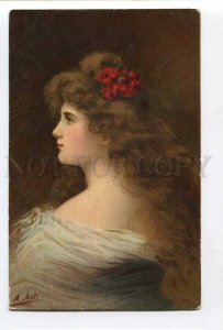 3055523 Woman w/ Long Hair RED FLOWER by Angelo ASTI vintage PC