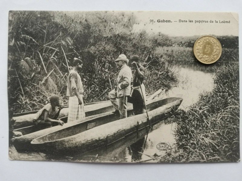 Gabon, West Africa, Hunter, indigenous, dugout, papyrus, Colonial, 1921
							
							