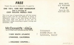 Lynwood CA McDonalds Restaurant This Card Free Hamburger & French Fries Postcard