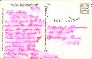 Notre Dame Church Montreal Canada Old Cars Postcard UNP WOB Note VTG Vintage 