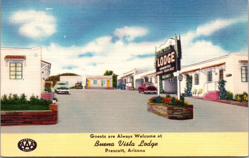 Linen Postcard Buena Vista Lodge on U.S. 89 in Prescott, Arizona