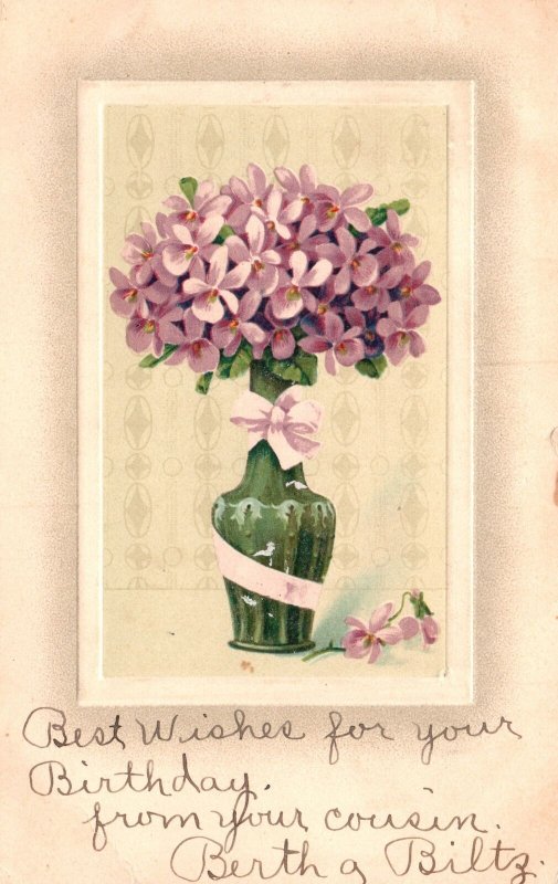 Vintage Postcard 1910 Best Wishes For Your Birthday Greeting Card Purple Flowers