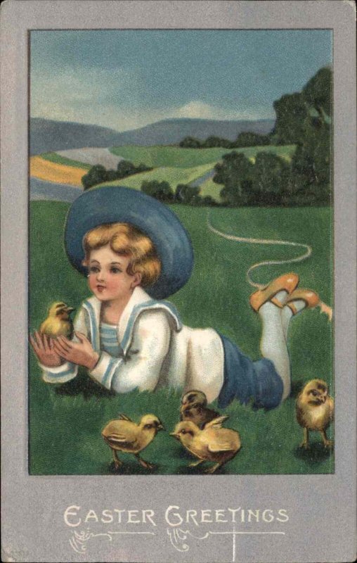 Easter Little Boy Playing with Chicks in Field c1910 Vintage Postcard