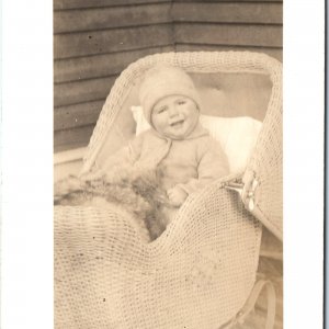 ID'd c1910s Cute Baby Boy RPPC Wicker Stroller Real Photo Dilbert Grosse A160