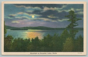 Maine~Moonlight On Rangeley Lakes~1940s Linen Postcard