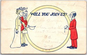 1907 Will You Join Us? Pastor & Young Couple Wedding Ceremony, Comic Postcard