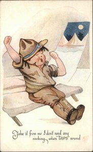 Vintage Postcard WWI BOY SCOUTS A/s Charles Twelvetrees Scout Yawning in Tent