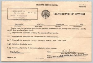 1944   Medford  Massachusetts  Selective Service Fitness Certificate  8 x 5