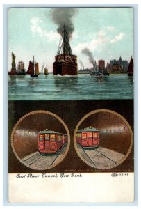 1909 Steamship and Train Locomotive East River Tunnel New York NY Postcard