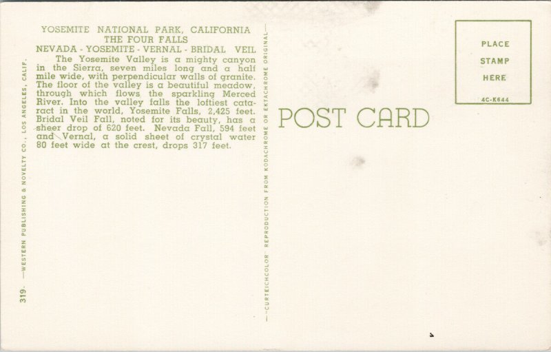 The Four WaterFalls Yosemite National Park CA California Unused Postcard F54