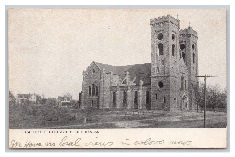 Postcard Catholic Church Beloit Kansas c1907 Postmark