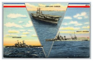 Vintage 1940's Military Postcard Heavy Cruiser Airplane Carrier & Battleship