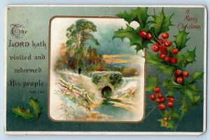 Christmas Postcard Holly Berries Winter Scene Stambaugh Michigan MI 1919 Antique