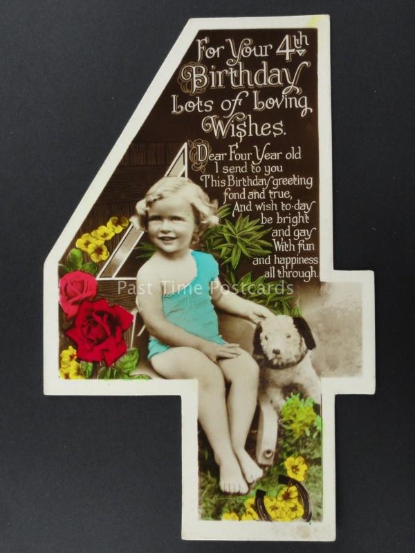 c1930's LITTLE GIRL WITH CUDDLY DOG Cut Out Numeral 4th Birthday Postcard