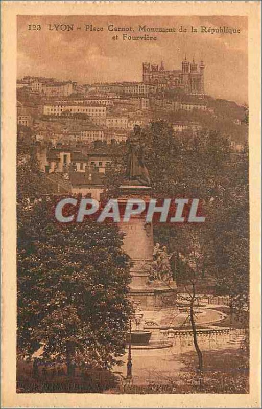 Old Postcard Lyon Place Carnot the Republic Monument and Fourviere