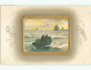 Pre-Linen NAUTICAL THEME - ROWBOAT AND SAILBOAT BOAT ON WATER J3407