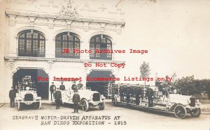 Panama California Expo, RPPC, Seagrave Fire Trucks, Firemen, San Diego CA