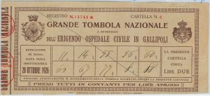 60702 - BIGLIETTO / CARTELLA TOMBOLA d'Epoca - GALLIPOLI  1926   Ospedale CIVILE