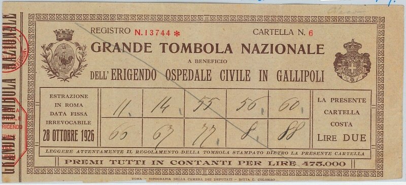 60702 - BIGLIETTO / CARTELLA TOMBOLA d'Epoca - GALLIPOLI  1926   Ospedale CIVILE