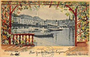 LUZERN SWITZERLAND~SCHWEIZERHOFQUAI~ORNATE TRELLIS BORDER-1905 EMBOSSED POSTCARD