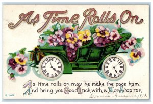 1912 As Time Rolls On Car Clock Flowers Embossed Hagerstown Maryland MD Postcard