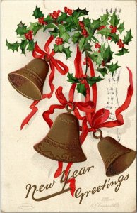 Ellen Clapsaddle New Years Bells Hollyberry Embossed 1909 Peterboro Postcard V4