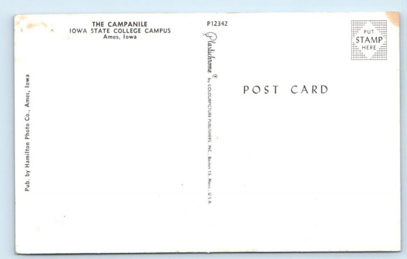 AMES - The Campanile - Iowa State College Postcard