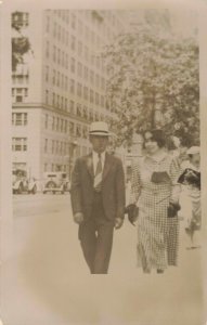 c.1930's Real Photo Man & Woman Walking Down Street, Vintage Cars RPPC 2T3-198 