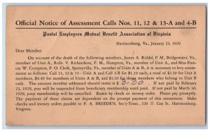 1929 Notice of Assessments Return Postage Guaranteed Harrisonburg VA Postal Card