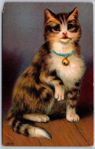 Vtg Animal Adorable Tabby Cat with Bell Collars winsch Back 1910s Old Postcard