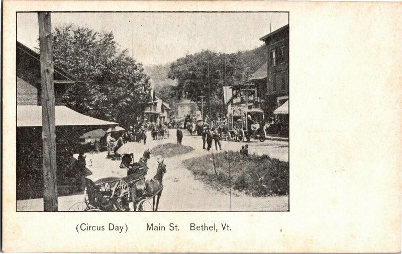 Circus Day on Main Street, Circus Cars Animals Bethel VT Vintage Postcard O12 