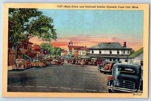 Cape Cod Massachusetts Postcard Main Street Railroad Station Hyannis 1940 Linen