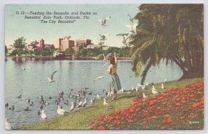 Linen~Feeding The Seagulls & Ducks On Beautiful Eola Park~Orlando~Beautiful~Vtg