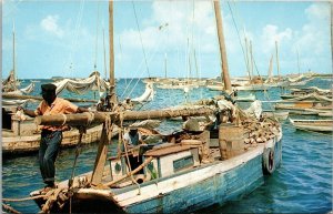 Vtg Bahamas Fishing Smacks at Anchor in Nassau Harbor Sailboats Postcard