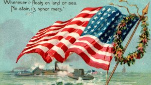 Decoration Memorial Day Postcard Military Steam Ship Boats USA Flag Wreath Tucks
