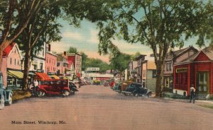Vintage Postcard 1930's Main Street Shopping Winthrop Maine Tichnor Quality Pub. 